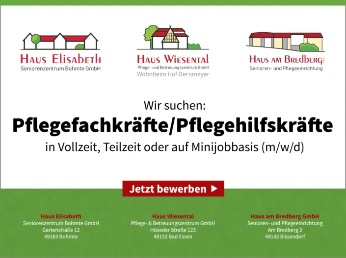Stellenanzeige zur Suche von Pflegefach- und Pflegehilfskräften