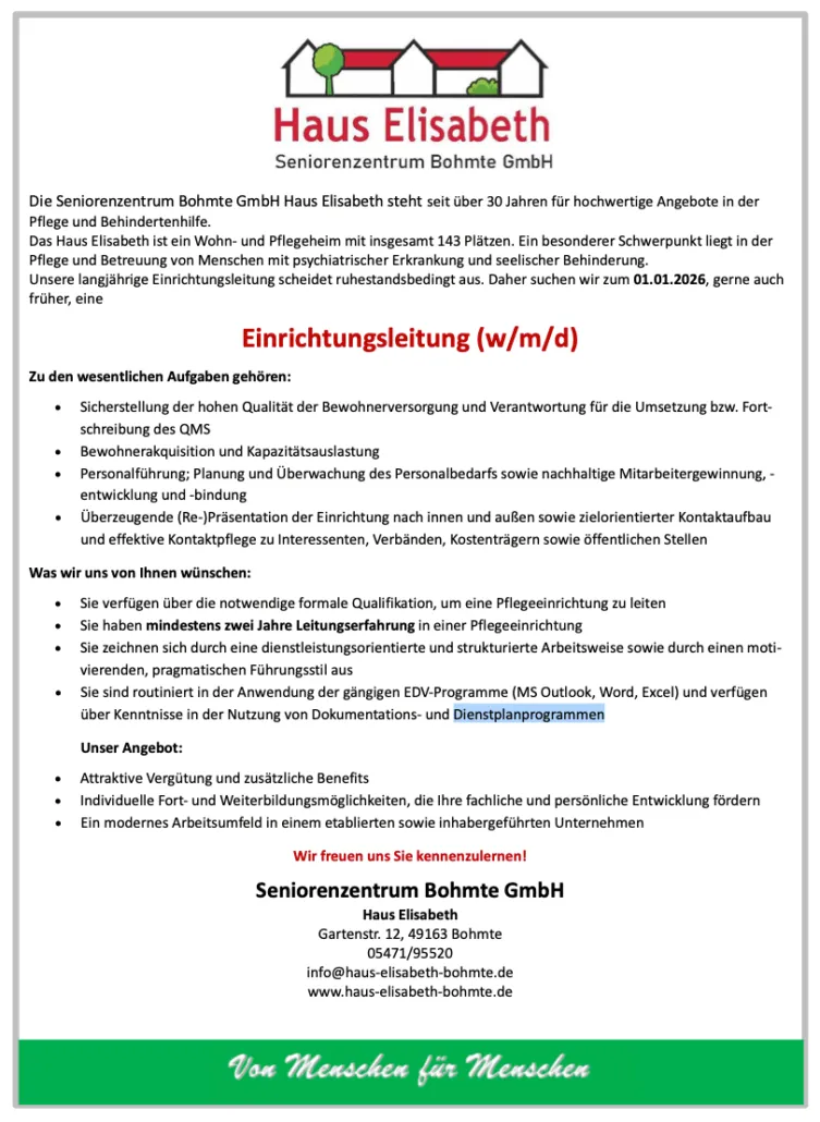 Stellenanzeige Einrichtungsleitung